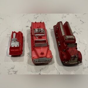 3 Vintage Auburn Rubber Firetruck Rescue Trucks Red‎ 1950’s